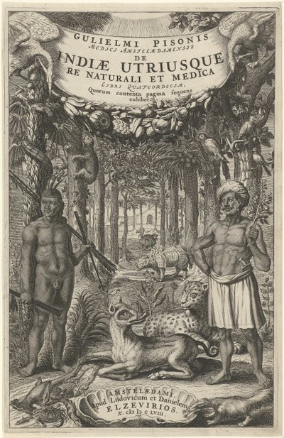 Két férfi és vadállatok egy erdő előtt Címlap: Indiae Utriusque, 1658 alkotó: Theodor Matham