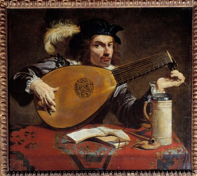 Ember hangolja a lantját. Theodore Rombouts festménye (1597 - 1637) Ec. Nagyzolás. alkotó: Theodor Rombouts
