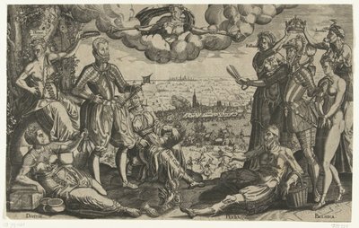 Oranje és Alva összehasonlítása, a spanyol dühvel a háttérben, 1577 körül alkotó: Theodor de Bry (attributed to)