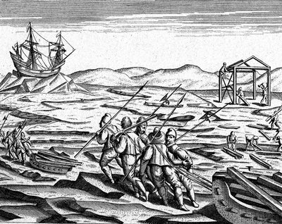 Téli ház építése az Északi-sarkon, 1600 körül (metszet) alkotó: Theodor de Bry