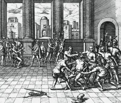 Atahualpa inka császárt Pizarro csapatai védik, július 26. alkotó: Theodor de Bry