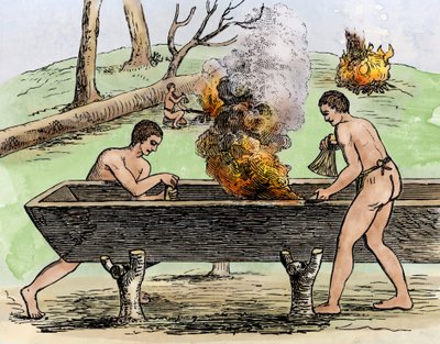 Indiánok, akik kenut készítenek, megmutatják a fatörzset a tűzzel és a herbettes ásással. Theodore De Bry 1590-es metszete, színes 19. század. alkotó: Theodor de Bry