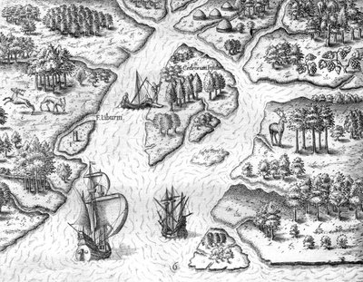 Jean Ribault a francia király címerével ellátott oszlopot állít fel Charlesfortban. alkotó: Theodor de Bry