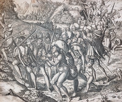 A bennszülötteket hajóra szállják, hogy rabszolgaságba viszik őket Sevillába, metszet: Theodor de Bry (1528-1598), Antillák alkotó: Theodor de Bry