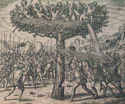 A fákon bujkáló bennszülöttek harcolnak a hódítók ellen alkotó: Theodor de Bry
