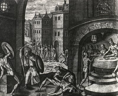Pap megöli a hamis verekedés áldozatát, majd megnyúzta a holttestet, Mexikó, Theodor de Bry (1528-1598), közép-amerikai metszet Peregrinationesből alkotó: Theodor de Bry