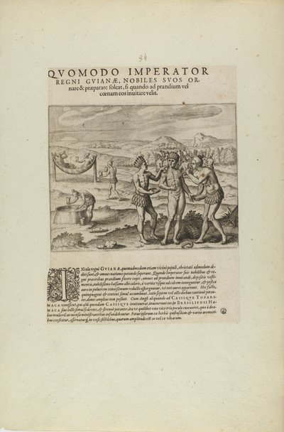 Quomodo Imperator/Regni Guianae, Nobiles Suos Or-/Nare.... (a könyvből, Americae, hetedik és nyolcadik rész) alkotó: Theodor de Bry