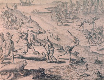 Oroszlánfókák lemészárlása felfedezők által alkotó: Theodor de Bry