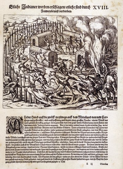 Dél-Amerika: Spanyol hódítók felgyújtanak és kifosztanak egy bennszülött falut. alkotó: Theodor de Bry