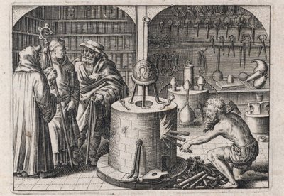 Három tudós beszélget az alkímia műhelyben, sütővel és műszerekkel – Theodore de Bry (1528-1598) metszetei Michael Maier (1569-1622) "Tripus avreus, hoc est, Tres tractatus chymici selectissimi" című alkímiai értekezéséhez alkotó: Theodor de Bry