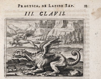 Egy sárkány, a háttérben, egy tyúklopó farkas, megtámadta egy kakas – Theodore de Bry (1528-1598) metszet a "Tripus avreus, hoc est, Tres tractatus chymici selectissimi" című alkímiai értekezéshez, Michael Maier (1569-1622) alkotó: Theodor de Bry