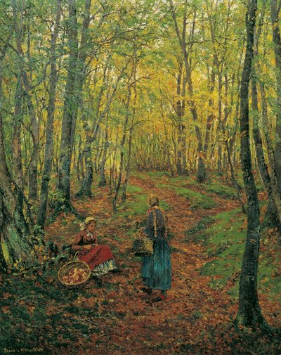 Az erdő belseje egy lánnyal, aki gombát keres alkotó: Theodor von Hormann