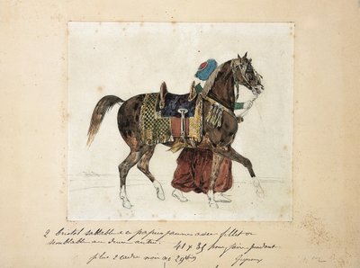 Felfogott ló egy mameluk vezetésével, két piramis a háttérben (ceruza és akvarell papíron) alkotó: Theodore Gericault