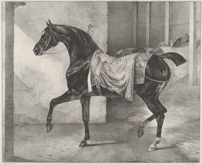 Egy istállóban kikötött fekete ló alkotó: Theodore Gericault