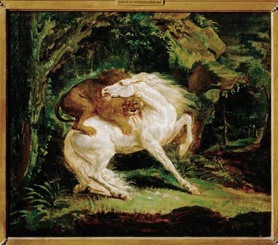 Cheval attaque par un lion - egy oroszlán által megtámadott ló, Laurie metszete és George Stubbs festménye után ... alkotó: Theodore Gericault
