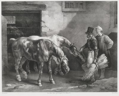 Két postai ló egy istálló ajtajánál (Two Post-Horses at a Stable Door) alkotó: Theodore Gericault