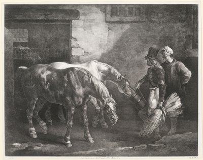 Két postai ló egy istálló ajtajánál (Two Post-Horses at a Stable Door) alkotó: Theodore Gericault