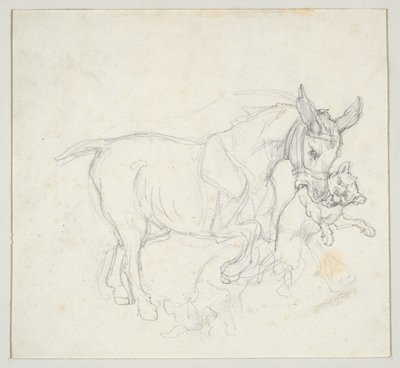 Szamár, amely a szájában tart egy kutyát (előlap); Vázlat: kutyák által üldözött szarvas, szarvastehén feje (hátlap) alkotó: Theodore Gericault