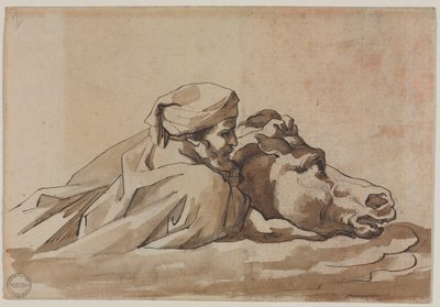 Lovat a vízben szorongató férfi, Poussin "Özönvíz" című képe után (recto), 1816 körül (grafitra írt toll és barna tinta, valamint ecset és barna tus). alkotó: Theodore Gericault