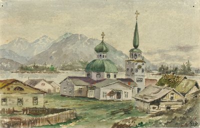 A görög templom hátulnézete, Sitka, 1888. alkotó: Theodore J. Richardson