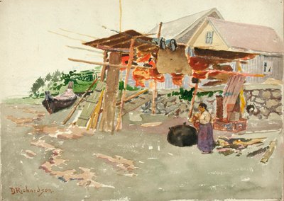 Lazacszárítás, Indian Village, Alaszka, kb. 1880-1914. alkotó: Theodore J. Richardson
