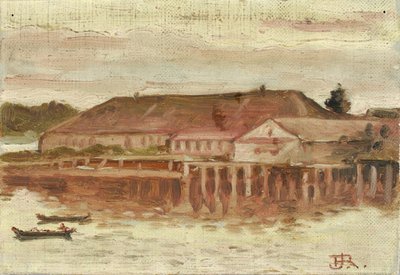 Kereskedőház és rakpart épületei, Sitka, este alkotó: Theodore J. Richardson