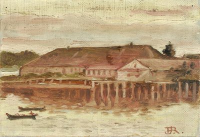 Kereskedelmi posta és rakparti épületek, Sitka, Este, kb. 1880-1914. alkotó: Theodore J. Richardson