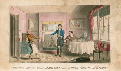 Érdekes interjú Charles Matthews úr és az ír színházi borbély között. alkotó: Theodore Lane