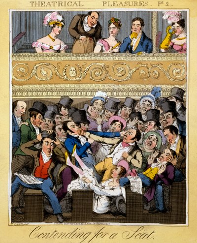 Verseny az ülésért, 2. tábla a „Színházi élvezetekből”, 1827 (kézzel színezett metszet) alkotó: Theodore Lane