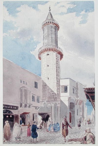 A mecset minaretje a Rue de Chartres-on és a Rue Bab-Azoun-on, Algír (akvarell papíron) alkotó: Theodore Leblanc