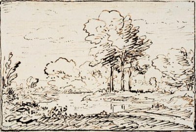 Táj három magas fával a folyóparton alkotó: Theodore Rousseau