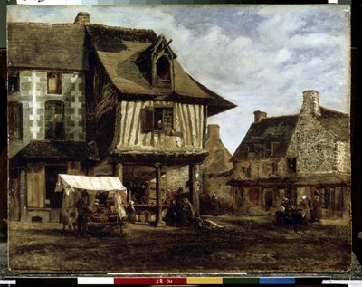 Piactér Normandiában (favázas házak) (Market place in the Normandy). Theodore Rousseau (1812-1867) festménye. Olaj, fa, 29,5 x 38 cm, 1830 körül. Francia művészet Barbizonból. Ermitázs Múzeum, Szentpétervár. alkotó: Theodore Rousseau