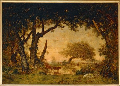 Kilépés az erdőből Fontainebleau-nál, naplemente... alkotó: Theodore Rousseau