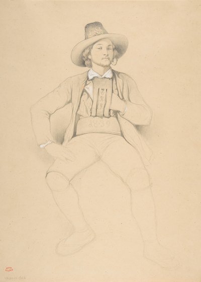 Egy tiroli jelmezben lévő férfi, ülve, pipázva, 1842. alkotó: Theodore Valerio
