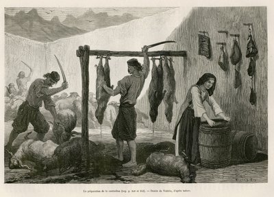 A castradina, a juh- és kecskehús specialitása, a sózott és bucanee elkészítése október vége felé Dalmáciában (Isztria és Hercegovina (Horvátország)), Valerio rajza a montenegrói utazás szemléltetésére, 1874-ben, Károly Yriarte alkotó: Theodore Valerio