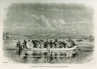Hajó a Hue folyón (Vietnam), rajza Th. Weber, hogy illusztrálja a hue-i (Annam királyság) nyolc napos nagykövetségének történetét 1875-ben, Mr. Brossard de Corbigny hadnagy (N), a misszió tagja. Gravírozás a Le tour du monde-ban alkotó: Theodore Weber
