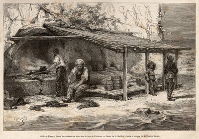 Tonhalhalászház a Proelucca-öbölben, a Fiumei-öbölben (vagy Rijeka, Isztria), a halászok közül hárman még alszanak, takarókba burkolózva, egy másik felszereli és helyettesíti a kilátót, egy másik elkészíti a konyhát, és a moha vándorol a láb o alkotó: Theodore Weber