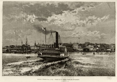 Érkezés a kanadai Victoria-ba. Th.Weber metszet, E.Cotteau „A Transcanadien és Alaska” című történetének illusztrálására, 1890-ben a Le tour du monde, nouveau Journal des voyages, Edouard Charton (1807-1890) szerkesztője, 1891. 2. félév , kiadás Hachet alkotó: Theodore Weber