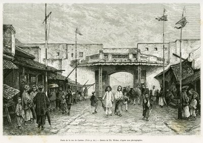 Canton Street Gate Hanoiban. Metszete Th. Weber, fényképről, hogy illusztrálja a Trente mois au Tonkin című történetet 1884-ben, Doctor Hocquard tour du monde 1889-ben Edouard Charton (1807-1890) irányításával, Hachette, Párizs. alkotó: Theodore Weber