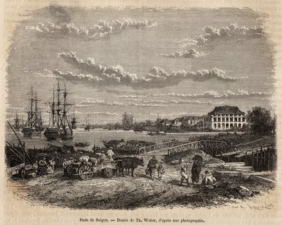 La rade de Saigon, metszet T. Weber rajza után, amely a Cochinchina felé vezető utat illusztrálja, Doctor Morice, 1872-ben, megjelent a „” Le tour du monde””” 1875-ben, szerkesztette Edouard Charton, Hachette kiadás, Párizs. Selva kollekció. alkotó: Theodore Weber