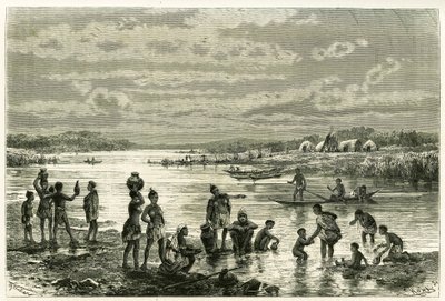 Élet a Zambeze folyó partján, a marucsok nagyon aggódnak a tisztaságukért, a mosakodás pedig elsőrendű tevékenység számukra. Metszete Th. Weber, Dr. Emile Holu „Au pays des Marutses” című történetének illusztrálására, 1875-1879 alkotó: Theodore Weber