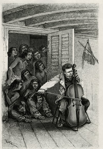 Az utazó szerző portréja, aki csellózik, és vonzza a kíváncsi közönséget. Th.Weber metszete a „Les Iles Wallis” című történet illusztrálására, Dr. Emile Deschamps, a 80. gyalogság őrnagyától. Megjelent: Le Tour du monde, nou alkotó: Theodore Weber