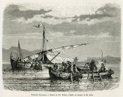 Szivacshalászok a Nafplio-öbölben, The. Weber, Henri Belle 1861-ben, 1868-ban és 1874-ben tett görögországi utazásának történetének illusztrálására. Gravírozás a Le tour du monde-ban alkotó: Theodore Weber