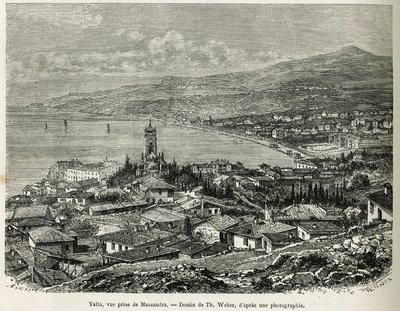 Jalta városa, Massandrából vett, Th.Weber rajza F. De Mely Négy hónap Oroszországban című 1876-os történetének illusztrálására. Gravírozás a Le tour du monde-ban alkotó: Theodore Weber
