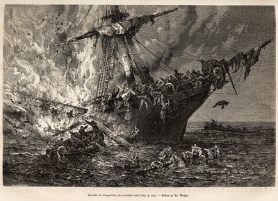 A Cospatrick, egy brit hajó, amely több mint 400 emigránst szállított Új-Zélandra, tüze 1874. november 19-én, T. Weber rajza után, amely a viharok és utazások tanulmányozását illusztrálja, Mr. Zurcher és Mr. Margolle. 1870-1874, megjelent: alkotó: Theodore Weber