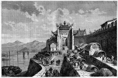Kilátás a sanghaji kapura a Huangpu folyón, Kínában, 1870-1880 között. Metszet Weber rajza nyomán, a „Le Tour du Monde, Nouveau Journal des Voyages”-ben, szerkesztette Edouard Charton, Párizs alkotó: Theodore Weber