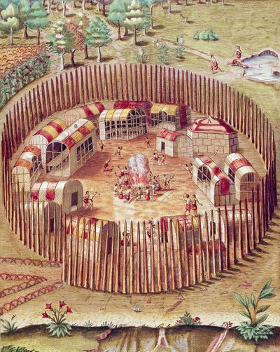Egy pomeioki indián erődített falu, Admiranda Narratio illusztrációja, Theodore De Bry alkotó: Theodore de Bry
