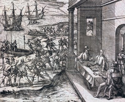 Megállapodás Francisco Pizarro, Diego de Almagro és Hernando de Luque között Peru felfedezéséről és kiaknázásáról alkotó: Theodore de Bry