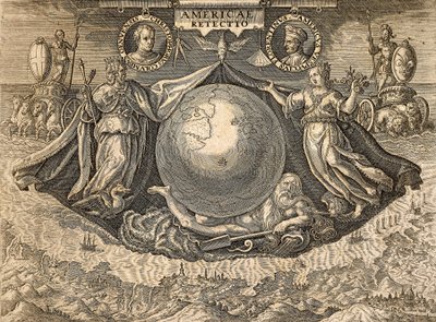 Nyugat-India vagy Amerika allegóriája Columbus Christopher és Amerigo Vespucci navigátorok portréival alkotó: Theodore de Bry