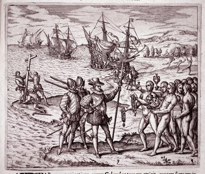 Kolumbusz Kristóf megérkezése a nyugat-indiai Hispaniola szigetére (metszet alkotó: Theodore de Bry